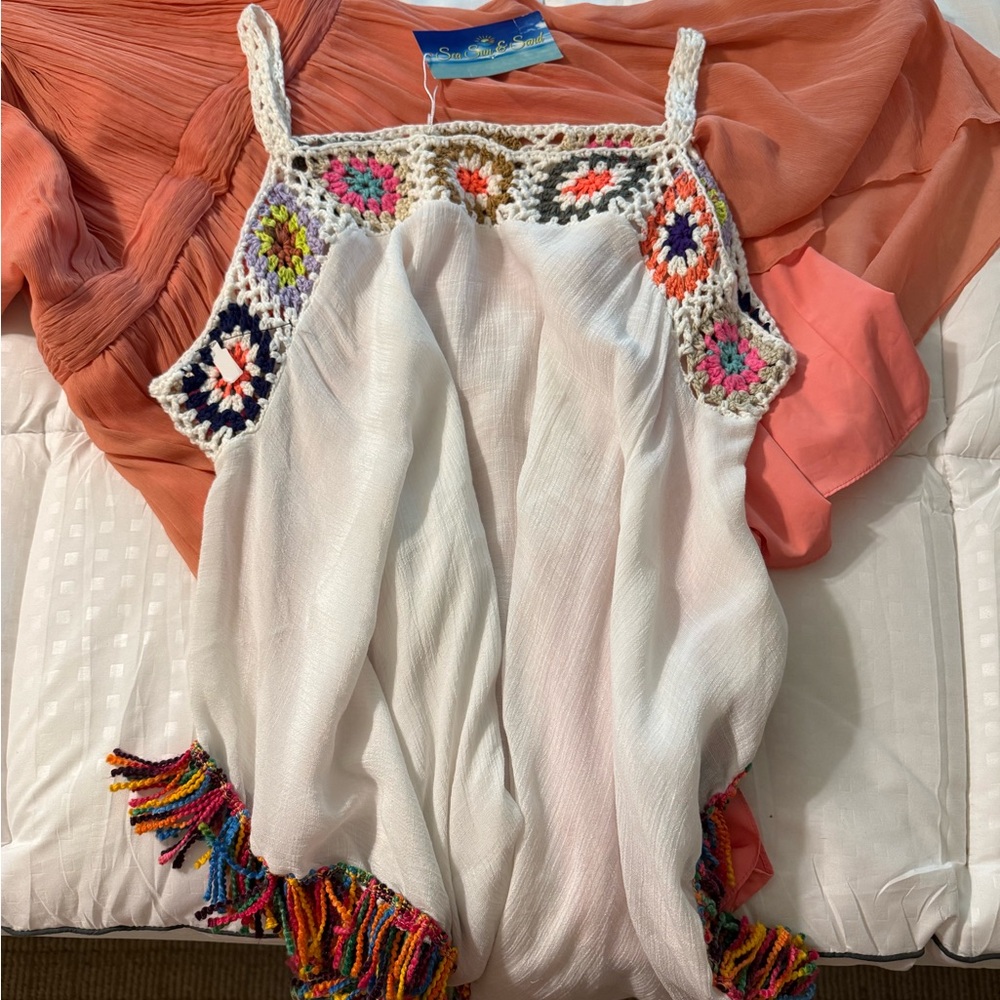 Colorful Crochet Trim White Beach Coverup